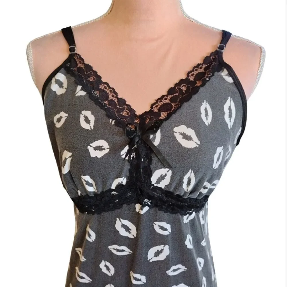 Y2K Black White Lips Printed Lace Trimmed Chemise Mini Slip Dress Large - Picture 4 of 11